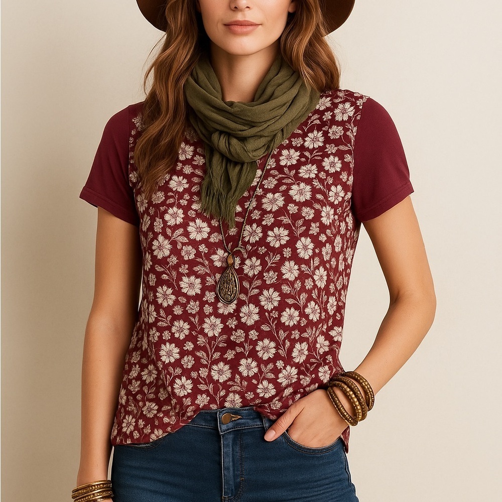 Ann Taylor Burgundy and White Floral Top - Picture 2 of 7